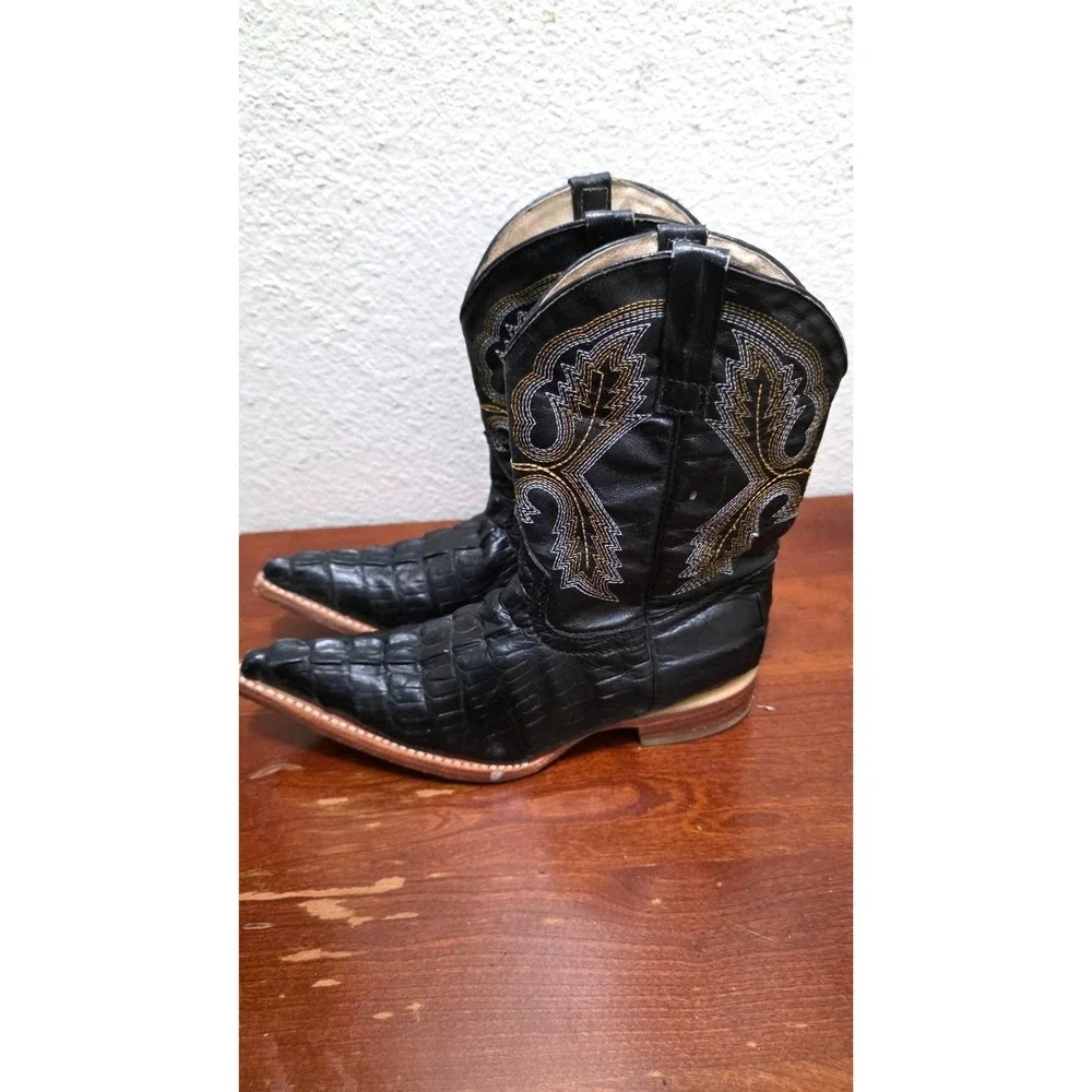 Veretta Kids 21/ US1 Black Crocodile Leather Western Cowboy Boots Embroidered Po